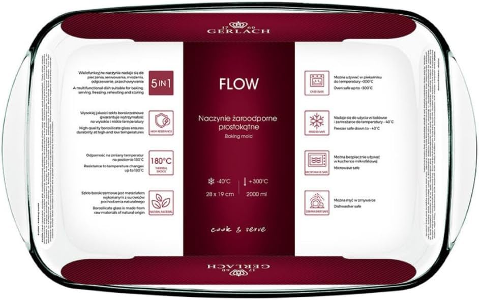 Gerlach 1760 Casserole Dish 2 L Made of Heat-resistant Glass Borosilicate Glass Baking Mould Rectangular 32.5 x 20 cm for Oven Freezer Flow