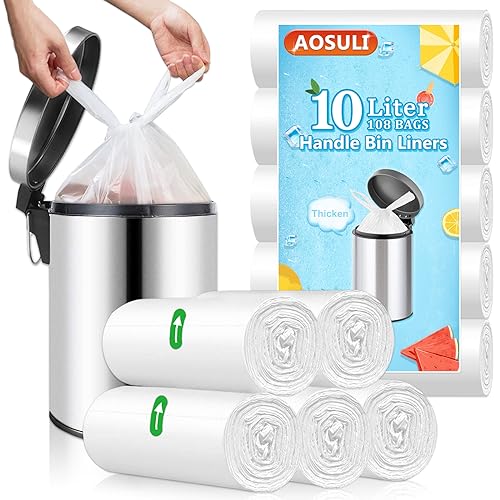 AOSULI 108Count 10L Small Bin Bags with Tie Handles, Bathroom Pedal Bin Liners Clear and White Trash/Garbage Bags for Office and Paper Waste