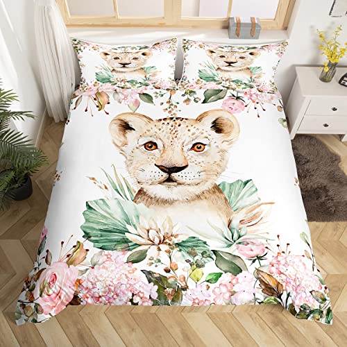 Erosebridal Cartoon Lion Duvet Cover Twin Size Kids,Pink Floral Comforter Cover Girls Boys Baby Lion Print Bedding Sets Safari Animal Bedding Collection,Tropical Plants Home Dorm Decor Soft Cozy White #TOP2