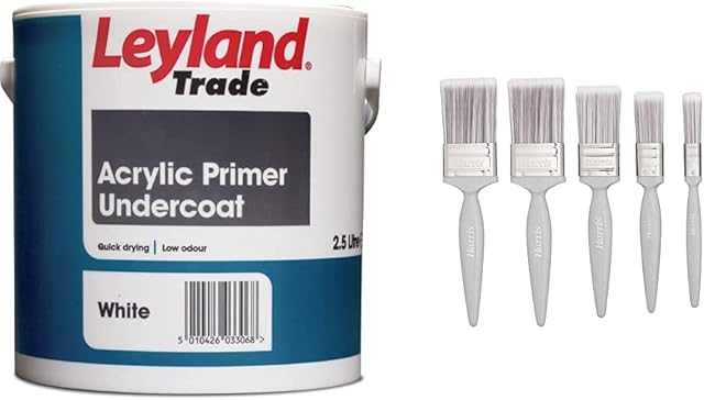 Leyland Trade Acrylic Primer Undercoat - White 2.5L and Harris Essentials Walls & Ceilings Paint Brush Set | Pack of 5 | 0.5", 1", 1.5", 2"
