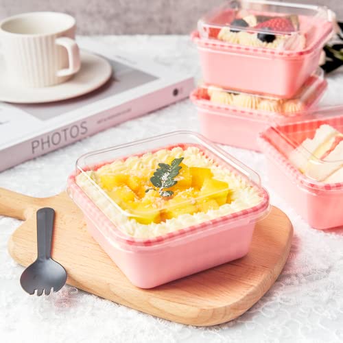 Zorrita 50 Pack Plastic Dessert Cups With Lids, Pink Plaid Charcuterie Boxes With Clear Lids To Go Picnic Food Containers For Cake Slice, Bakery Desserts, Strawberries, Sandwiches, Cookies #TOP4