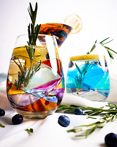 Antoni Barcelona Stemless Wine Glasses 21Oz Hand Painted Mouth Blown Sagrada Familia Gaudi Style Unique Gifts Ideas Authentic Sold Since 2016 Set 2 Original Stainned Crystal Art Lovers #TOP3