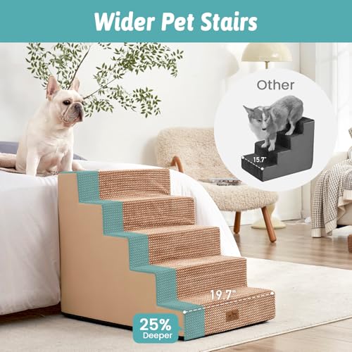 Image of COZY KISS Dog Stairs for Small Dogs, 5 Step Pet Stairs for Beds & Couches | 23.6 inch Extra Wide Non-Slip Dog Steps with Removable Tiers & Support Board for Puppies, Older Cats & Dogs, Light Brown