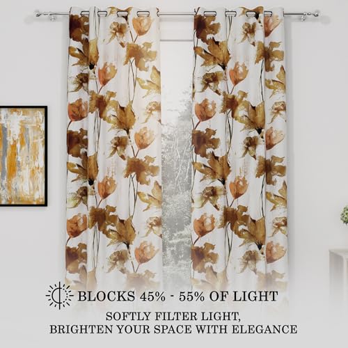 Image of Window Curtains 5 Feet Long Set of 2 |Light Filtering Curtains for window |Floral Design Polyester Curtain and Drapes for Living Room 118 x 152 cm, Off White & Brown|Perfect for Home Decor