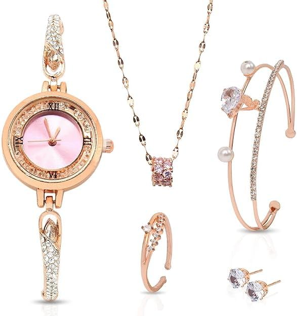 Women's Rose Gold Crystal Watch and Jewellery Gift Set, 5 Pieces, Bracelet Necklace Earrings Gift for Wife, Sister, Mother, Girlfriend, Valentines Day