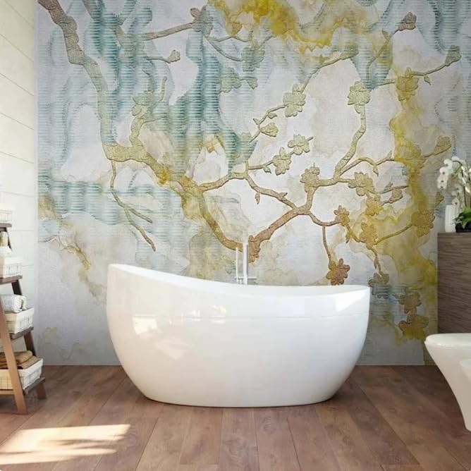 Papier peint fleurs retro chinois grand format pour masquer defauts mur salon - 2