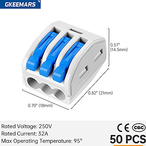 Image of 50 Pcs Wire Connector 222-413, Compact Splicing Connectors for Solid Stranded Flexible Wires (3 Conductor-Blue)
