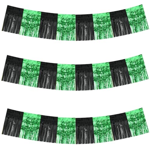 Image of BEISHIDA 3 Packs Metallic Foil Fringe Garland Black Green Wall Hanging Tinsel Fringe Banners for Car Floats Bridal Shower Wedding Birthday Graduation Holiday Party Decoration(30 Feet)