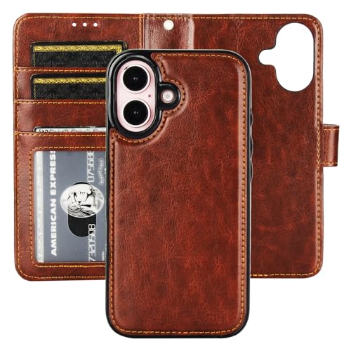 Bocasal Detachable Wallet Case for iPhone 16 RFID Blocking Card Slots Holder Premium PU Leather Magnetic Kickstand Shockproof Wrist Strap Removable Flip Protective Cover 5G 6.1 inch (Brown)