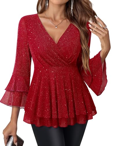 Lotusmile Holiday Outfits for Women 2025: Sparkly Dressy Tops Christmas Shirts for Women 3/4 Sleeve - Wrap V Neck Red Glitter Dress Shirt - Business Casual Clothes for Work Office Date Night Cocktail