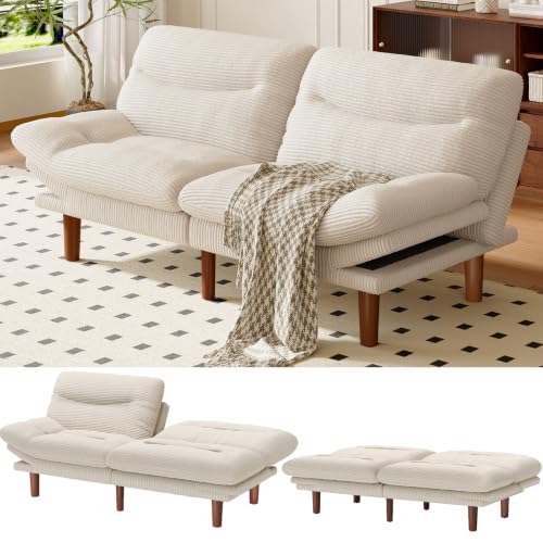 Image of Amada 66 inch Convertible Futon Sofa Bed, Corduroy Folding Futon Set with Adjustable Backrest &Armrests, Recliner Lounge for Living Room, Apartment or Office, Solid Wood Frame, Loveseat Sofa - White