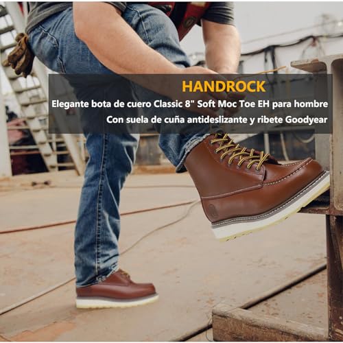 HANDROCK Men's Stylish Classic 8" Soft Moc Toe Leather Work Boot With Non-Slip Wedge Outsole 869942