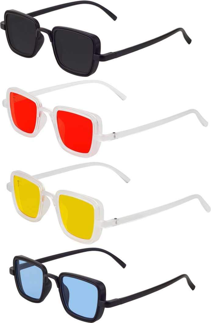 Unisex Rectangle Kabir Singh Sunglasses Pack of 4, Medium (Black, Red, Yellow, Blue)-image-37
