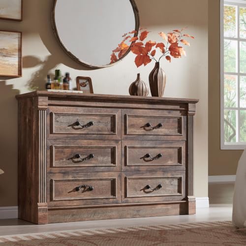 Image of Aitjunz Farmhouse 6 Drawer Dressers for Bedroom, 47'' Wide Dresser & Chests of Drawers w /Roman Columns, Horizontal Wooden TV Stand Dresser w /Metal Handle for Bedroom, Hallway, Living room, Light Brown