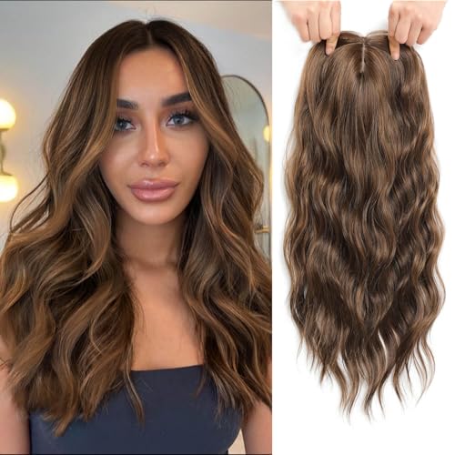 Ms Taj Extensiones de pelo para mujer, 50 cm, mezcla de marrón dorado, color marrón medio, puntas onduladas para mujeres con cabello adelgazante, clip en wiglets sintéticos, postizos con flequillo