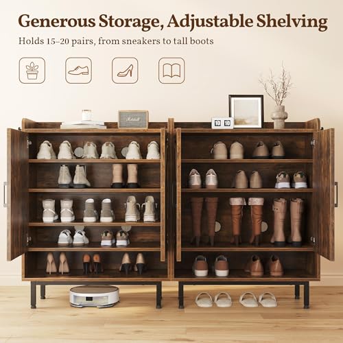Image of Yaheetech Shoe Storage Cabinet with Doors, Farmhouse Shoe Cabinet with 2 Adjustable Shelves and 4 Side Hooks, Wooden Shoe Rack Organizer Cabinet for Entryway, Foyer, Hallway, Rustic Brown