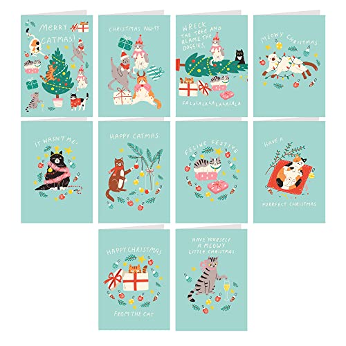 Cats Christmas Cards Funny Humorous Pun Feline Theme Illustrated Design - Pack of 10