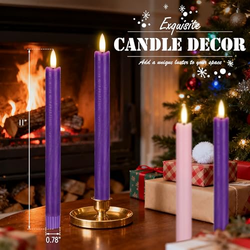 Image of Flameless Taper Candles with Rmote, 9.6 inch Real Wax Flameless Advent Candles, Battery Operated Purple and Pink Christmas Candlesticks for Wreath, Christ, Home, Church, Catholic Decoration