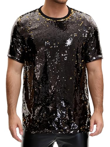 Lars Amadeus Sequin t Shirt for Men's Short Sleeve Round Neck Regular Fit Party Club Sparkly Disco Tee Top