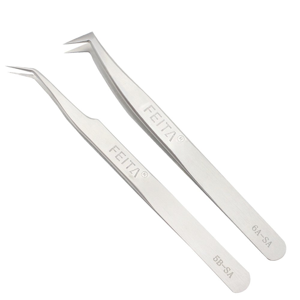 Precision Eyelash Extension Tweezers Set - FEITA Professional Slant & Angled Curved Pointed Volume Tweezers for 3D 4D 6D Lashes Extension - Silver - 2Pcs