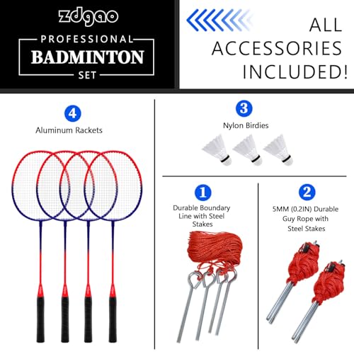Image of Zdgao Badminton Sets for Backyard - 20FT Net and Badminton Racket Set of 4 | Portable Badminton Net with Tension Adjuster, 3 Nylon Shuttlecocks, Boundary Line, Carry Bag for Beach, Outdoor Family Game