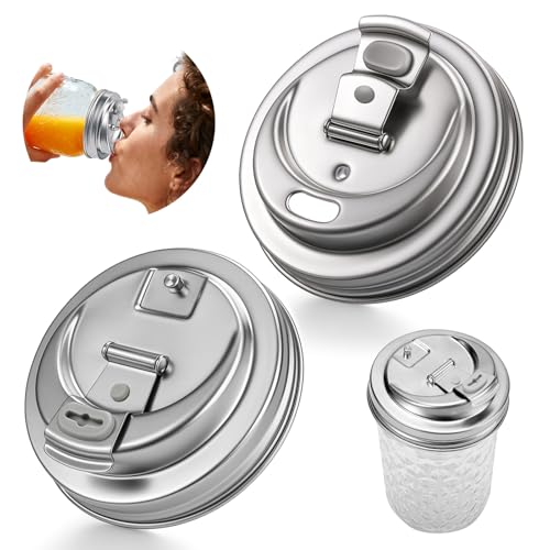 Palksky Mason Jar Drinking Lids,Stainless Steel Wide Mouth Mason Jar Sip Lid accessories,Anticracking Leak Proof Seal Flip Cap Cover Airtight Accessories for Drink,2Pack