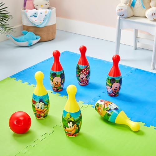 Image of Amazon Brand Jam & Honey Mickey Mouse Bowling Set for Kids, BIS Safe for Kids, Indoor Outdoor Bowling Game with 6 Pins and Ball, Fun Skill Building Toy for Kids Age 3+ Years