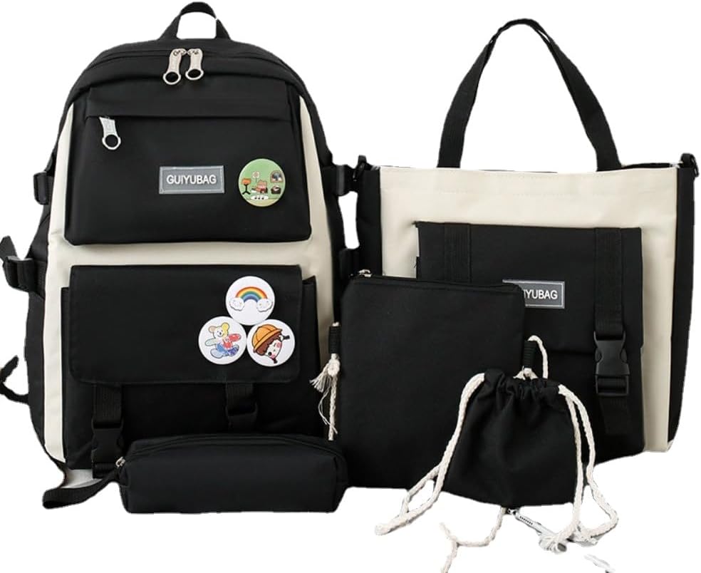 Cute backpack with accessories kawaii 5PCS Set Waterproof backbags (Black)