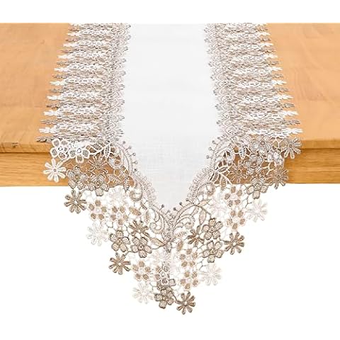 Winotic White Beige Floral Lace Table Runner Dresser Scarf 108 inches Long for Kitchen Dining Coffee Table Parties Wedding Home Decor (White, 16” x 108”) Cover