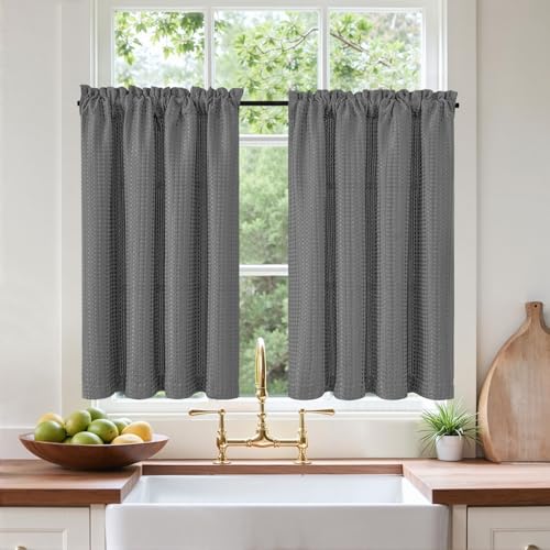 Vangao Waffel Scheibengardinen Modern Küche Einfarbig Grau...