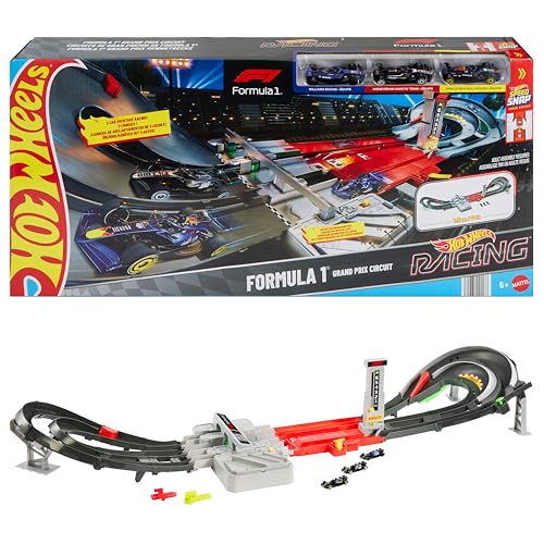 Hot Wheels Coffret Circuit de Grand Prix de Formule 1 avec 3 Voitures à l’échelle 1/64, Deux Modes de Course avec Un propulseur motorisé, JLB13