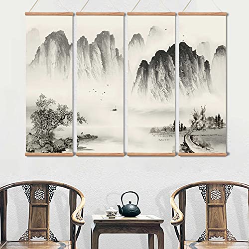 Yodooltly Zhugege Landscape Painting,Wall Art Black And White For Living Room Bedroom,Chinese Traditional Ink Decor,Posters And Prints,4 Piece Set Fixed Wooden Hanging Scroll (12”X36”X4Piece) #TOP6