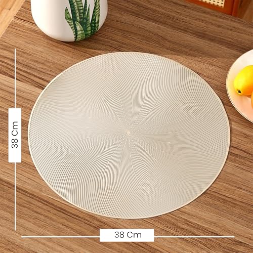 Image of Yellow Weaves 2 Pcs PVC Round Table Placemats, Dining Table Mat, Stain Resistant, Anti-Skid, Waterproof, Washable, Dining, Kitchen, Restaurant Table Set Easy to Clean, Durable (Spiral Golden)