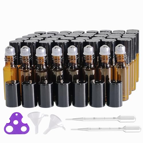 50Pcs Amber Glass Roller Bottles for Essential Oils 5ml Glass Roll on Bottles with Stainless Steel Roller Balls Mini Sample Vials Cosmetics Small Container (Amber, 5ml)
