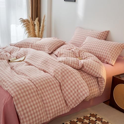 Image of EAVD Vintage Style Gingham Plaid Duvet Cover Queen Pink White Soft 100% Washed Cotton Chic Warm Checkered Bedding Set with 2 Pillowcases Farmhouse Grid Gingham Duvet Cover with Zipper Closure