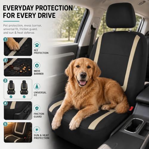 Image of FH Group Car Seat Covers Front Set in Cloth for Low Back Car Seats with Removable Headrest, Universal Fit, Automotive Washable for SUV, Sedan, Van Beige