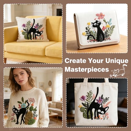 Image of RidaaFri Embroidery Kit for Beginners Set of 3, DIY Hand Stamped Embroidery Kits for Adults and Starts with Cute Cat and Plants Patterns, Hoop, Needle, Threads and Instructions