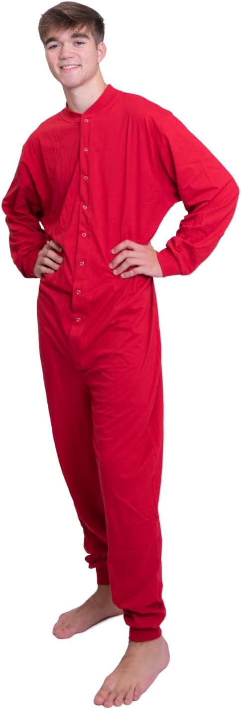 Red Union Suit Onesie Pajamas with Funny Butt Flap "NO ENTRY" for Men & Women