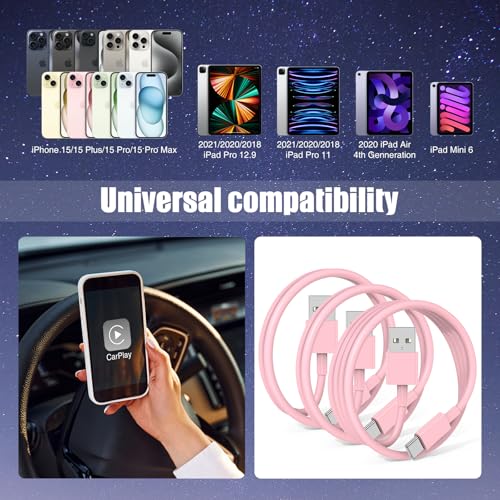 Image of 3-Pack Pink [3.3FT+3.3FT+6FT] USB A to USB C Cable，USB to USB C Car Carplay Cable for iPhone 16 15 Pro Plus Pro Max，for iPad Pro /Air /Mini，for Samsung S24 /S23 /S22 /S21，for MacBook Pro /Air and More