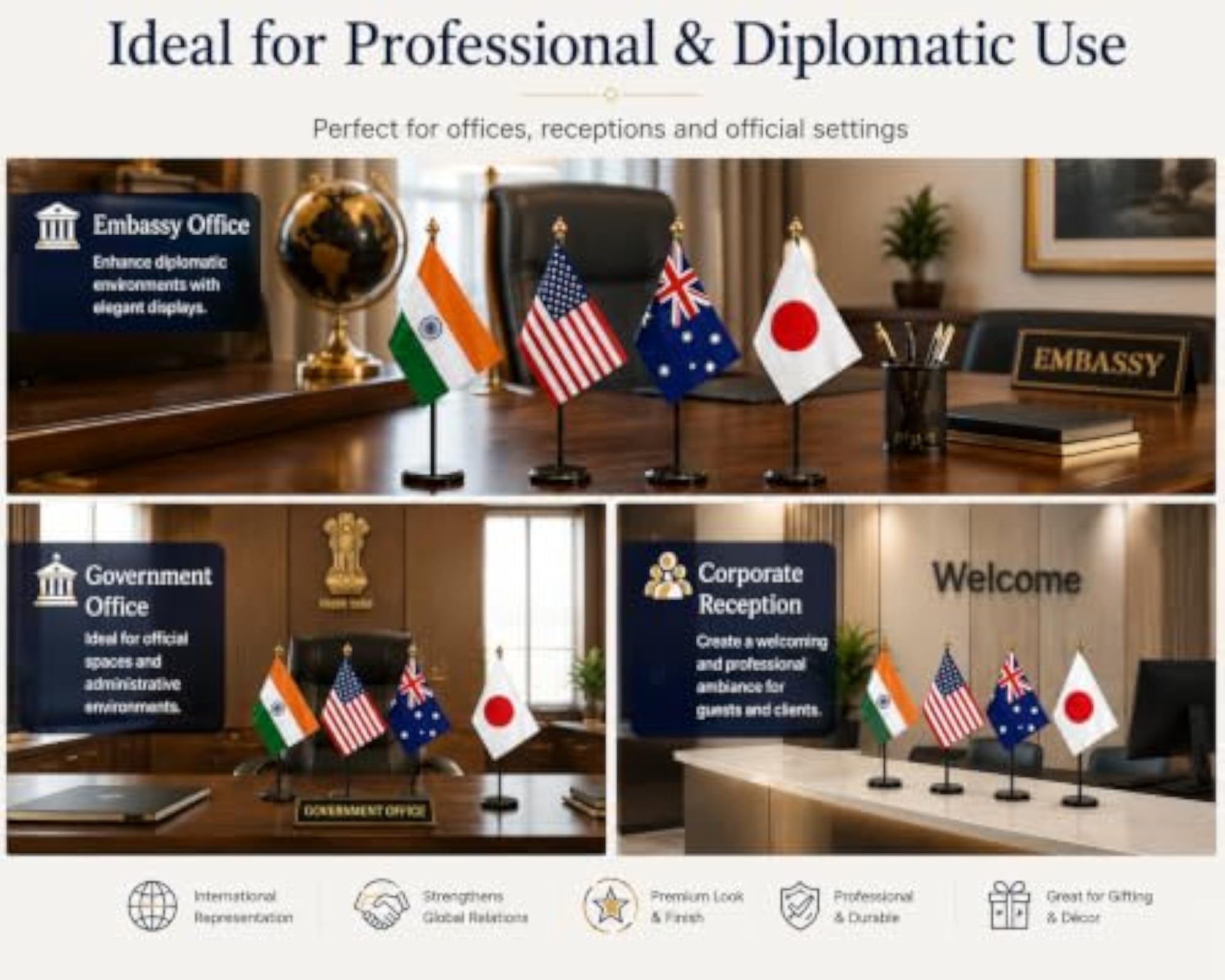 Quad-Nation Table Set with Flags of India, Australia, Japan