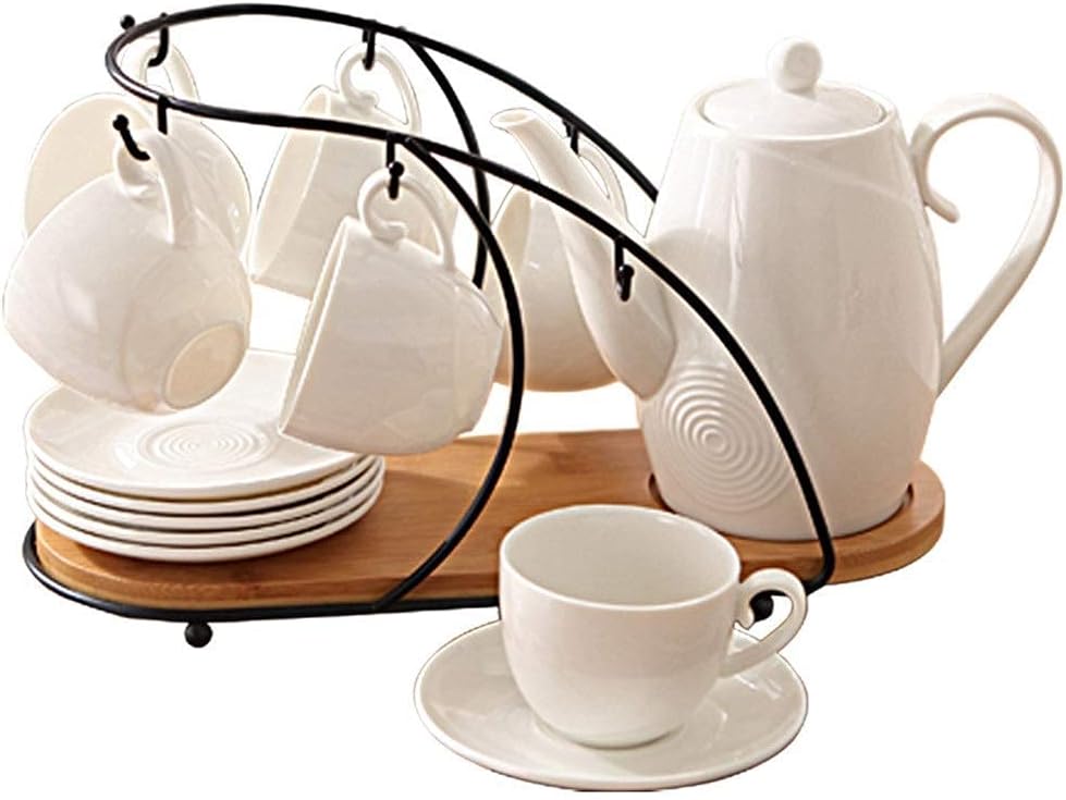Tea Coffee Cup Set 14 Pieces Glazed Porcelain Coffee and Tea Service Set with Cup Holder 6 Piece Cups and Tea Tray Afternoon Tea Drinkware Coffee Set