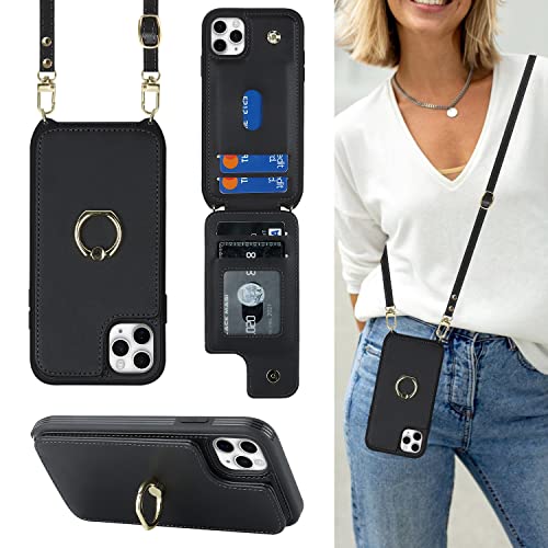 Image of for iPhone 11 Pro Phone Case with Card Holder and Strap for Women,Crossbody Lanyard,RFID Blocking,Kickstand Ring Stand,Snap Clasp,Phone Wallet Cases 5.8 inch(Black)
