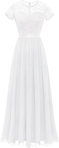 Dressystar Vestido largo formal para mujer, encaje floral, manga corta, dama de honor, elegante, vestido de fiesta de boda