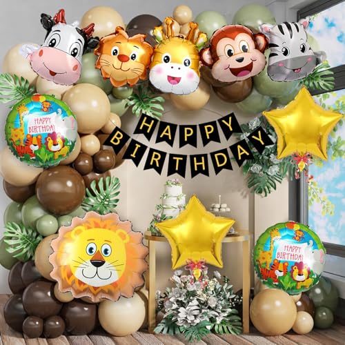 Image of Jungle Safari Birthday Decoration Kit with Balloon Arch Garland, Animal Foil Balloons and Happy Birthday Banner for Kids Birthday Party Decoration - 59 Pcs