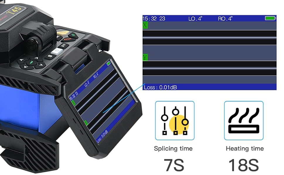 Close-up of the T45 Fusion Splicer screen showing 7s splicing and 18s heating.