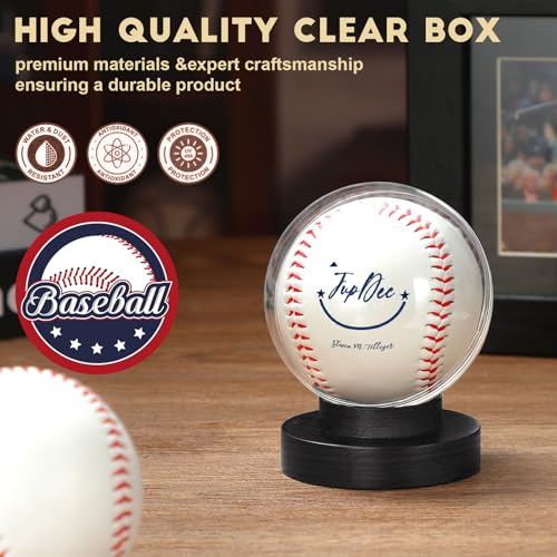 Image of JupDec Baseball Display Case, Round Clear Ball Holder with Wooden Base, Autograph Baseball Stand Box for Single Ball, Acacia Wood, Black