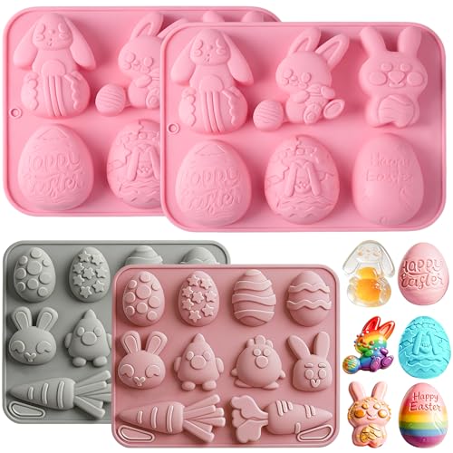 4 Pack Easter Chocolate Molds Silicone Non-Stick Egg Shaped Silicone Mold Bunny Jello Mold Assorted Half-3D Cartoon Design for Baking Candy Gummy Soap Jelly Cookie & Easter Basket Stuffers