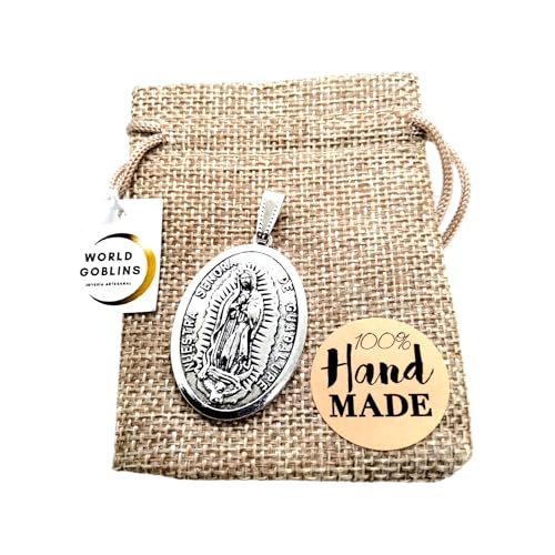 Medalla Virgen de Guadalupe. Colgantes Religiosos Chapados en Plata 12 micras, Protección y Suerte + Bolsa de Yute Artesanal Hechas a Mano. Fabricado en Córdoba - España (VIRGEN DE GUADALUPE)