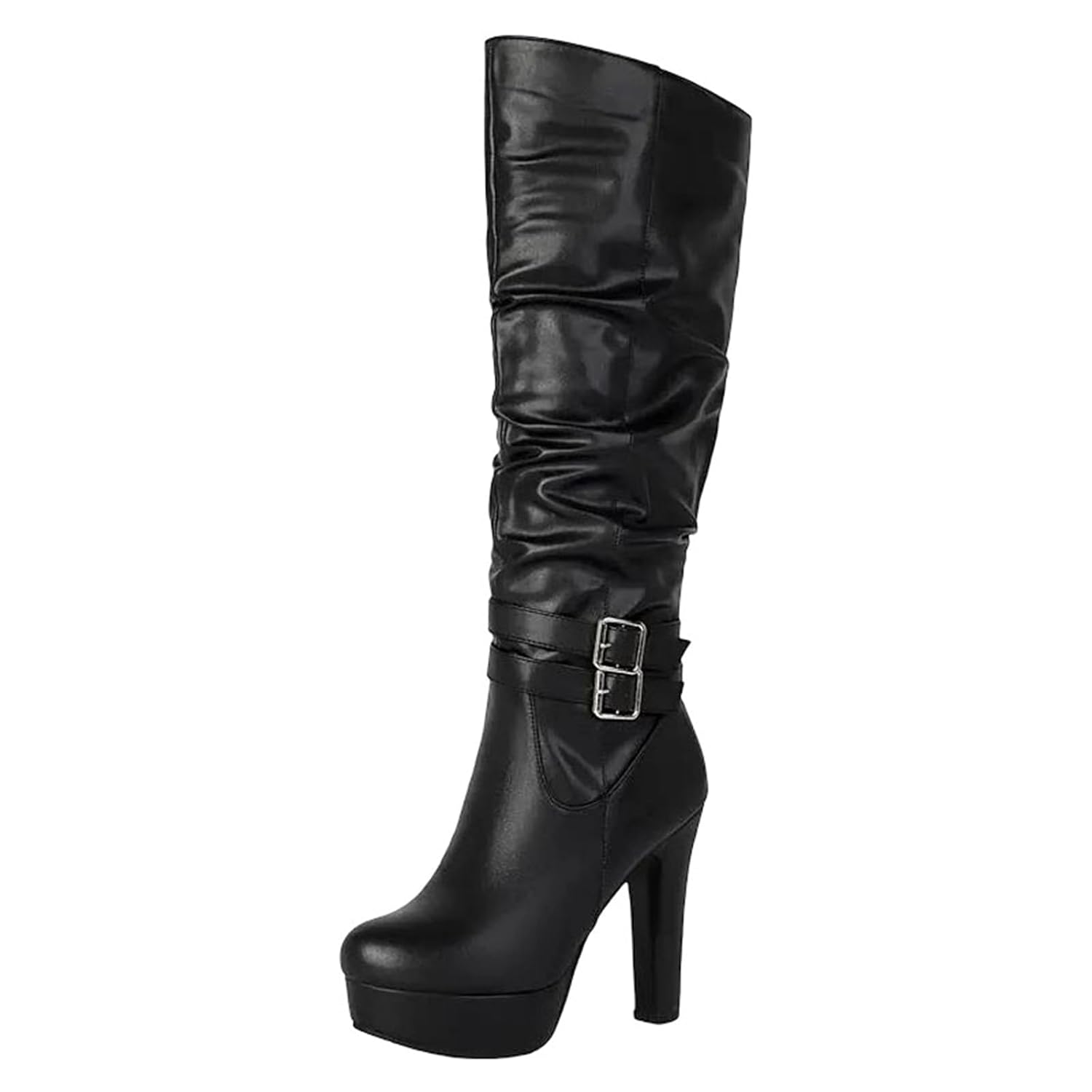 Womens Sexy Platform Knee High Boots Round Toe Chunky Heel With Side Zipper Buckle And Pleated Shaft Detail