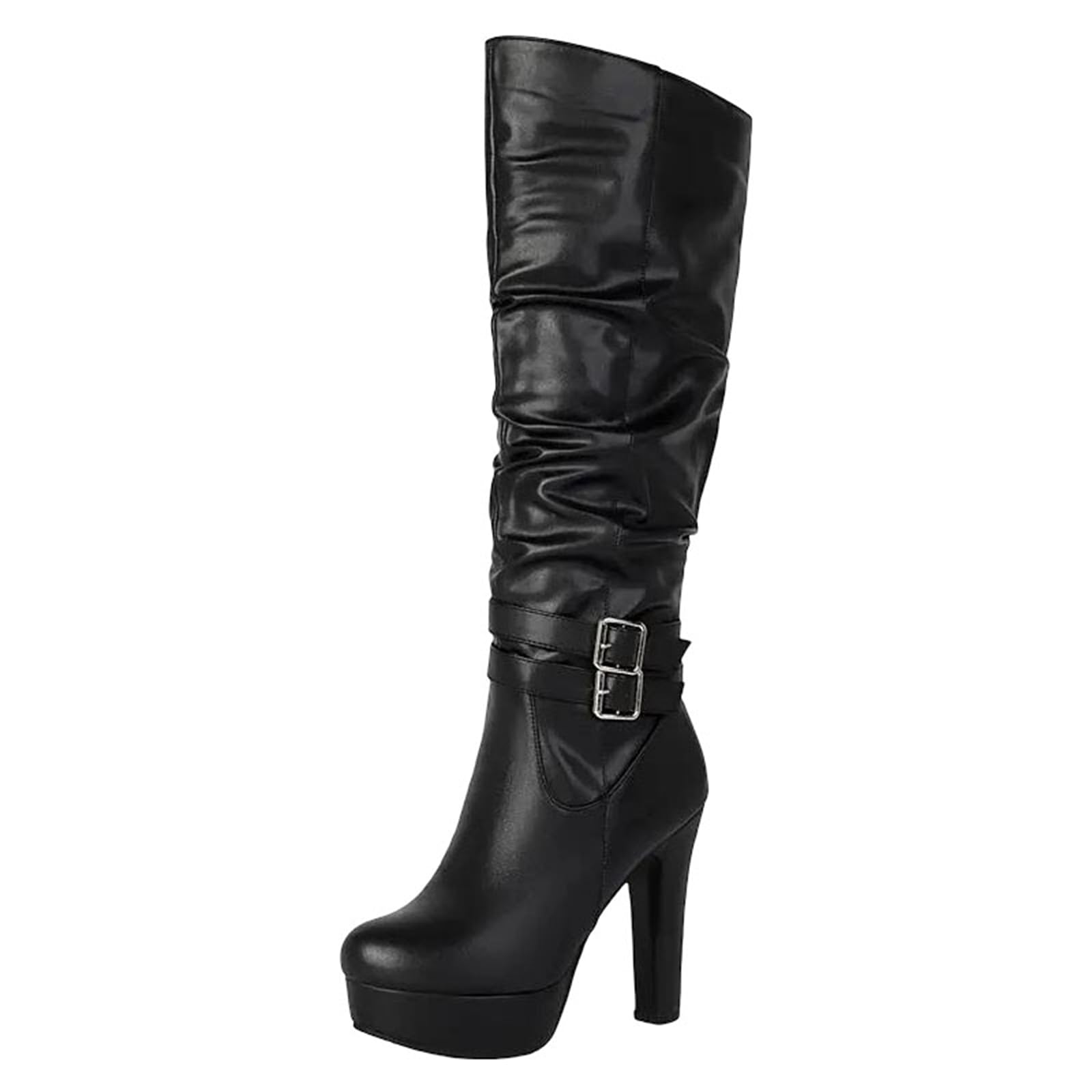 Womens Sexy Platform Knee High Boots Round Toe Chunky Heel With Side Zipper Buckle And Pleated Shaft Detail